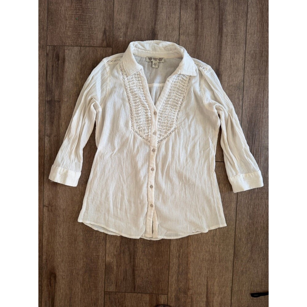 Vintage America Blues White Cotton Gauze Boho Peasant Blouse Top Small